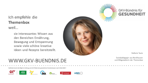 Bild mit Angaben zum GKV-Bündnis und Abbildung einer Frau, welche am Projekt beteiligt ist.